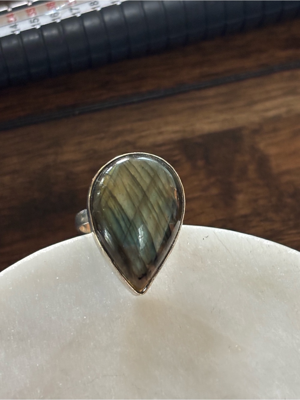 Teardrop Labradorite Sterling Ring - Gray Green Teardrop